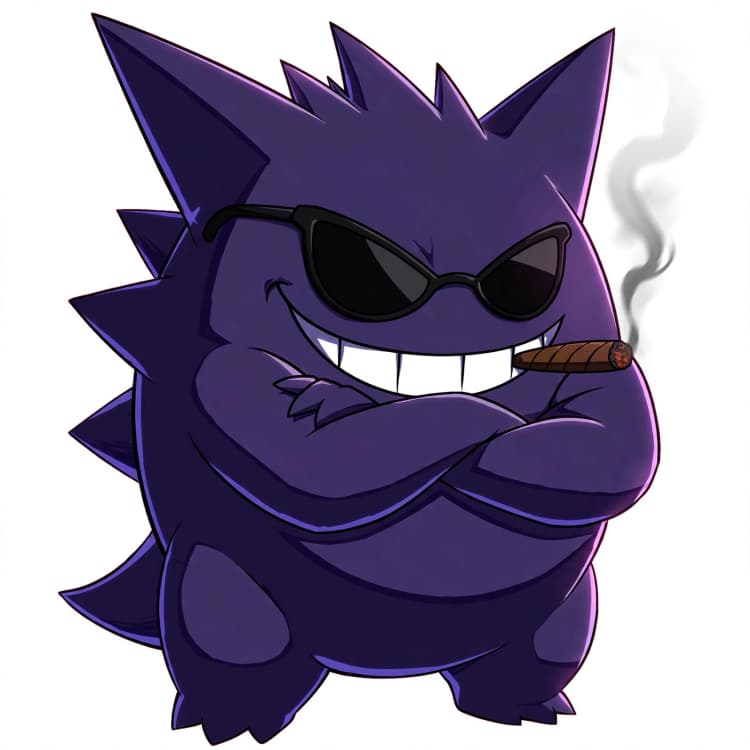 Gengar, a purple AI agent character in sunglasses with crossed arms